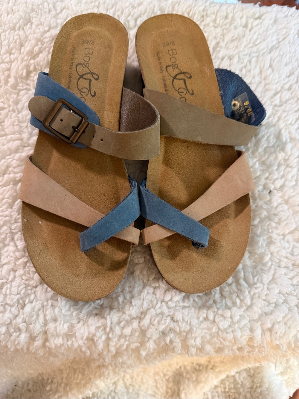 Bos. & Co. Kids Blue and Tan Cross-Strap Slide Sandals